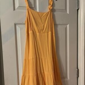 Golden Yellow Crinkle Tiered Midi Dress with Ruffled Straps